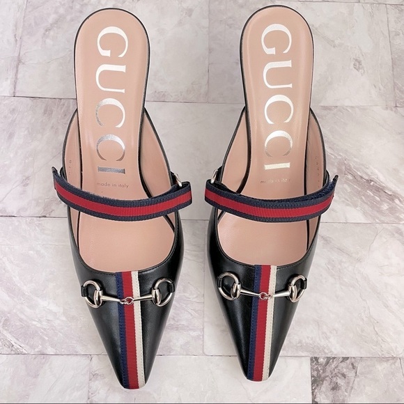 🆕 Authentic GUCCI Black Leather Striped Mules (SZ 37.5, US 7.5) - Picture 3 of 13